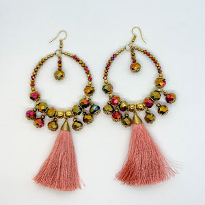 Powerful Crystal Beaded Hoop w/Tassel Earrings