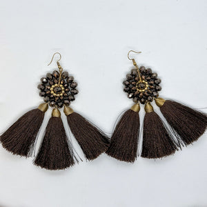 Magnificent Triple Tassel Earrings With Crystal Beaded Flower