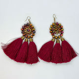 Magnificent Triple Tassel Earrings With Crystal Beaded Flower